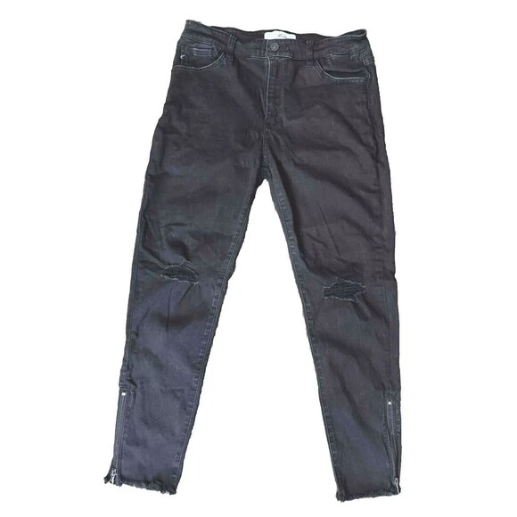 KanCan Jeans Black Side Ankle Zipper Raw Hem Distressed Denim Womens Size 13/30 - Picture 1 of 7